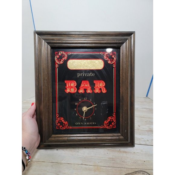 Vintage Private Bar Open 24 Hours Foil Back Wood Framed Sign No Name Clock 16" - Picture 1 of 10